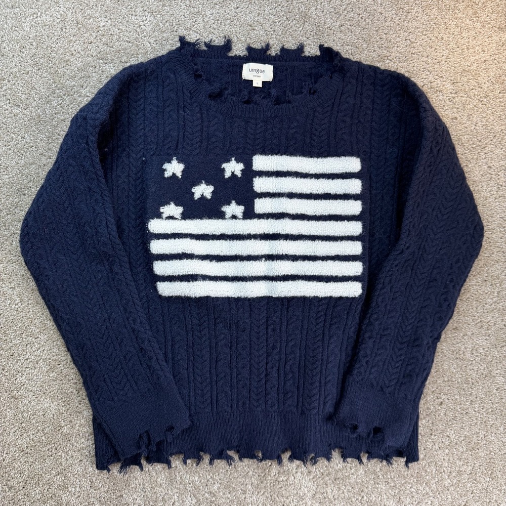 Umgee Sweater Womens L Blue Distressed USA Flag Cable Knit Pullover Long Sleeve